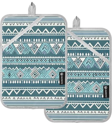KLL Pot Holder for Kitchen, 2 Pack Heat Resistant Potholders with Pockets Hot Pot Holders Oven Pads, 9.8x7 Blue Green Tribal Boho