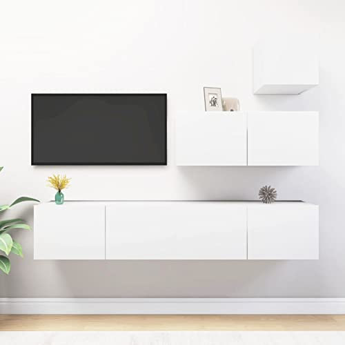 Sufrk 4 st vit spånskiva TV-skåp, TV-ställ för vardagsrum, TV-bänk med hylla, enkel montering