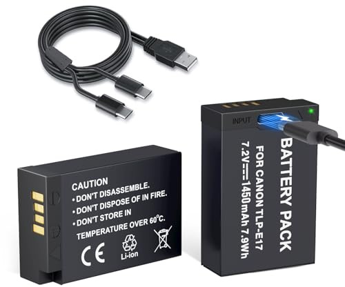 LP LP-E17 Battery 2-Pack 1450mah USB-C Charging Port Battery for Canon EOS R50 RP R10 R8, Rebel T8i, T7i, T6i, T6s, SL2, SL3, EOS M3, M5, M6, EOS 200D,77D,750D,760D,800D,8000D Digital SLR Camera