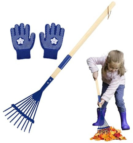 Sghtil rastrello da giardino per rastrello da bambino con manico in legno da giardino, rastrello per con guanti per campeggio, esplorazione all'aperto e