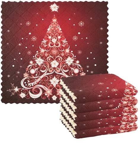 Mnsruu Microfibre Cleaning Cloths Red Christmas Tree Xmas Reusable Dish Cloths for Washing Up 6 Pack Swedish Dishcloth Microfibre Cleaning Towels Washable Duster Rags Cloth Home