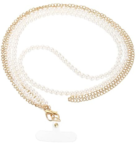 sourcing map Pearl Crossbody Phone Lanyard, Phone Shoulder Strap with Tether Patches, Anti-Theft CellPhone Neck Holder Accessories for Women, Gold