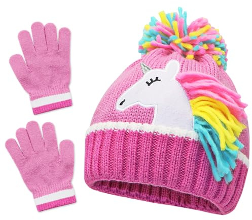 Hioph Girls Unicorn Hat and Gloves Set, Kids Winter Hat Knitted Pom Beanie Hat - Pink - Gift for Girls Age 3-8