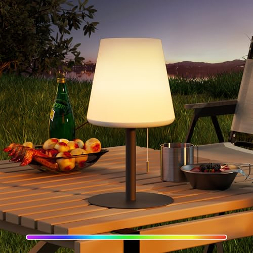 sailsco Lampada da Tavolo Portatile a Cordone con Batteria da 3600 mAh Ricaricabile con USB,Lampada da Comodino Temperatura Tricolore+RGB,Impermeabile per Camera da Letto,Ristorante, Bar