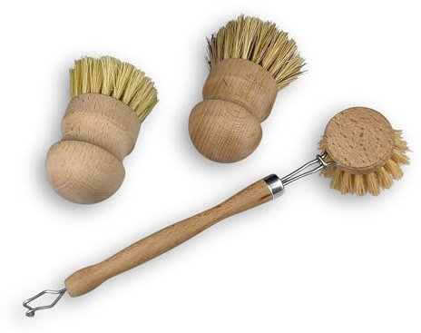 Lot de 3 brosses Traditionnelles en Bois de hêtre | Brosse Vaisselle en Tampico | 2 brosses légumes et Champignons Imitation chiendent et Tampico | Fabriqué en France | Kibros VC46_203
