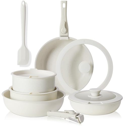 JHK Juego de 12 cacerolas y sartenes - Juego de utensilios de cocina antiadherentes con mango extraíble - Utensilios de cocina para tus necesidades en casa, color beige