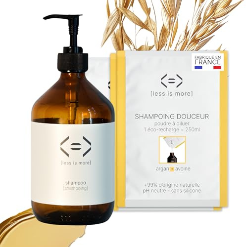 Less is More Shampoing Naturel en Poudre à Diluer, Argan Bio/Avoine Bio pour Soin Cheveux Secs,Colorés, Bouclés Kit Bouteille Verre GRAND FORMAT + 2 Recharges Ecologiques 500ml à Reconstituer