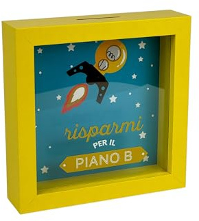 Salvadanaio Design Piano B, Cornice Gialla 16x16 cm, Decorativo con Motivo Spaziale