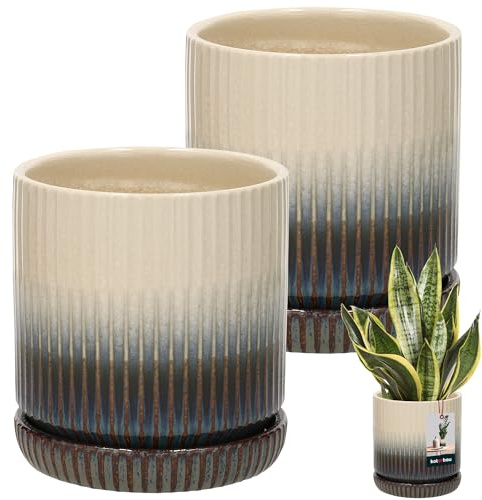 KOTARBAU® 2 STK. Blumentopf mit Untersetzer glasiert Creme Braun Blau ⌀ 13cm H: 13,5cm Handmade Übertopf Keramik-Topf mit Untersetzer Orchideentopf Keramik-Blumentöpfe mit Untersetzer