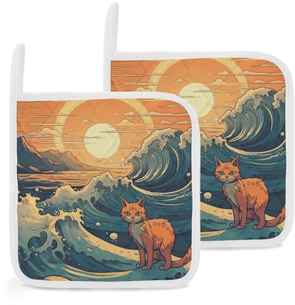 Lot de 2 maniques épaisses et antidérapantes avec boucle en forme de chat - Résistantes à la chaleur - Pour cuisine, barbecue, four - 20,3 x 20,3 cm