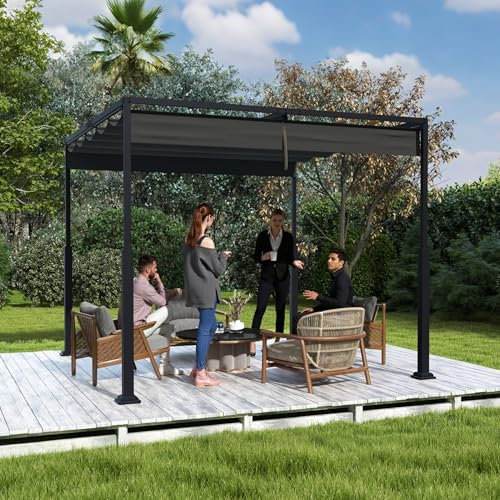 XMTECH Pérgola independiente de 3 × 3 m con techo solar, toldo para terraza de acero con recubrimiento en polvo, resistente a los rayos UV y al agua, color negro, resistente a la intemperie con