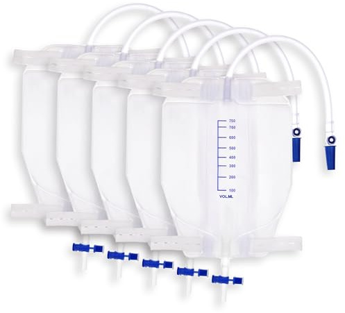 Urinbeutel Set, 5 Stück, 750ml, 30 cm Schlauchlänge, Anti-Reflux-Ventil, Beinbeutel mit Flip-Drain und verstellbaren Stoffbändern (5 Stück 750ml/cc)