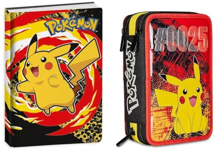 PRESTIGE & DELUXE Schülerkalender kompatibel mit Pokemon 2025-2026 F.to Standard 20 x 15 cm + Federmäppchen Schule 3 Etagen komplett mit Schreibwaren + Schlüsselanhänger Figur