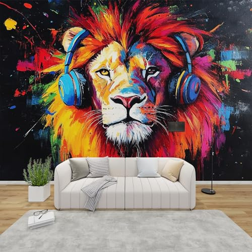 MMYAOKEN Papier Peint Panoramique Lion 250x175 cm - Décoration Murale Garçon Musique Graffiti - Tapisserie Murales Papier Peint Intissé pour Chambre Salon - Moderne Poster Tableaux Photo Muraux