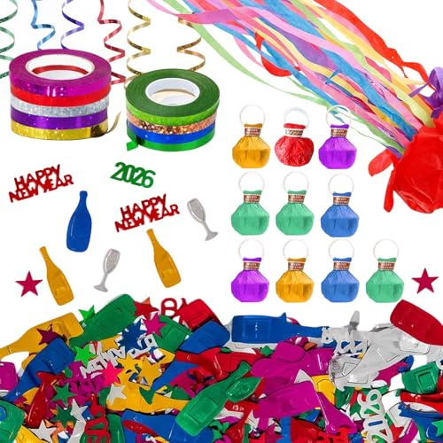 20 Stück Silvester Deko 2026, Deko Silvester, Streudeko Silvester Enthält 9 Rollen Bunt Luftschlangen Silvester, 15g Konfetti Silvester und 10 Konfettikanone für Tischdeko Silvester Party