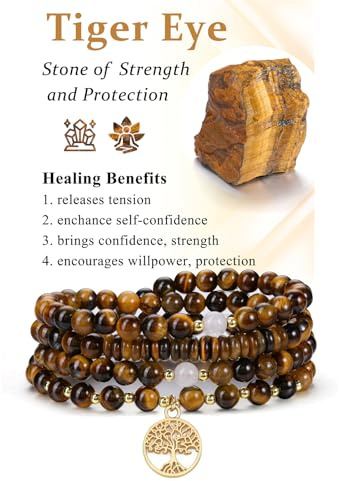 Zysta 108 Perlen Mala Kette 6mm Tigerauge Armband mit Lebensbaum Anhänger Wickelarmband Reiki Yoga Schmuck Spirituelle Geschenke für Frauen Männer