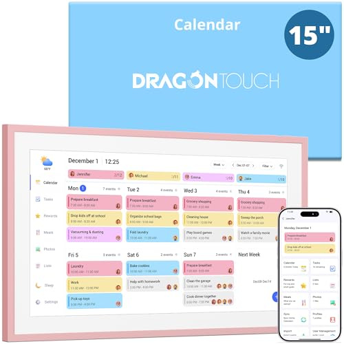 Dragon Touch 15.6 inch Digital Calendar & Chore Chart - Interactive Touchscreen Smart Family Planner,Digital Picture Frame for Mom, Women, Christmas & Weddings Pink