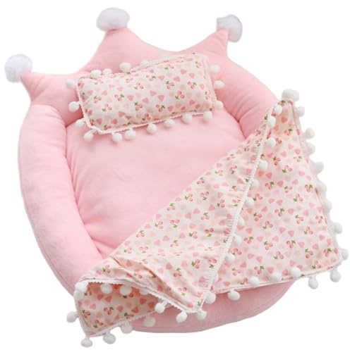 Grtheenumb Spielzeugbett, Puppenbett, süßes Spielzeug in Kronenform mit Kissen und Decke mit Kirschmuster für 20 cm große Puppen, Puppenhauszubehör