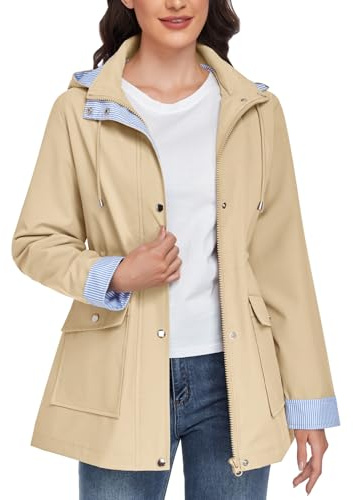 CMTOP Giacca Impermeabile Donna Giacca Antipioggia Lungo con Cappuccio Giubbino Leggera Antivento Cappotto Elegante Casual Trench Outdoor Primavera Autunno(Khaki, XXL)