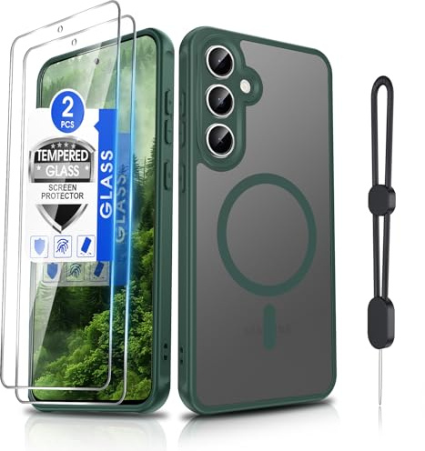 Dizn Magnetic Phone Case for Samsung Galaxy S24 FE with 2 Tempered Glass,Fit for MagSafe,Cellphone Lanyard, Matte Translucent Thin Soft, Protection Cell Cover for Samsung Galaxy S 24 FE/S24FE,Green
