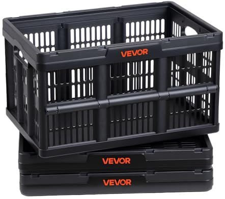 VEVOR Plastic Collapsible Storage Bins, 45L 3 Packs, Stackable Folding Storage Crates with Handles, Holds 33 lbs Per Bin, Foldable Heavy Duty Containers, Space-Saving Baskets, for Home Organizing