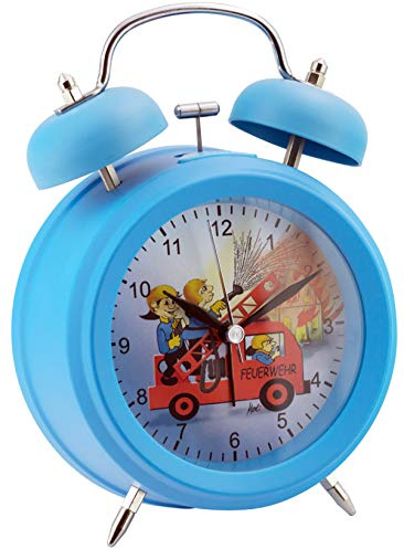 Eurotime Analog Wecker mit Glocke und Feuerwehr-Motiv, kein Ticken, schleichende Sekunde Modell 22073