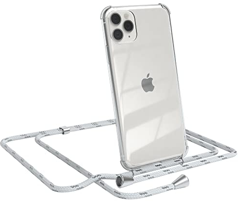 EAZY CASE Handykette kompatibel mit iPhone 11 Pro Max Handyhülle mit Umhängeband, Handykordel mit Schutzhülle, Silikonhülle, Hülle mit Band, Stylische Kette für Smartphones, Weiß/Silber