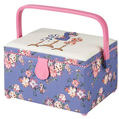 Medium Sewing Box with Compartments in a Purple Floral Fabric with a Dressmaker's Dummy Appliqué Lid. 18.5 x 26 x 15cm. Sewing Online GA1115M