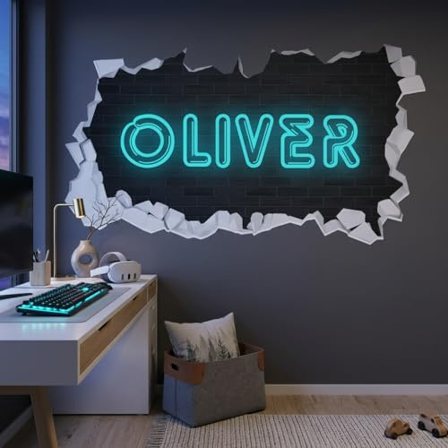 Personalised Neon Name Broken Wall Sticker Art Decal Kids Bedroom Mural (60cm Width x 30cm Height)