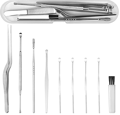 8 Pcs Ear Wax Removal Kit, Curved Tip Tweezer, Ear Pick Earwax Removal Tool, Ear Cleansing Tool Set, Ear Wax Remover with Storage Box, Reusable Ear Curette Wax Removal Set for Children & Adults