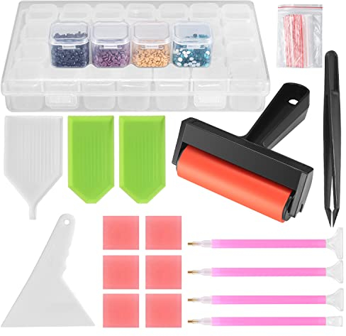 42 Stück 5D Diamond Painting Zubehör Set, 5D Diamant Malerei Werkzeug Aufbewahrungsbox für Erwachsene/Kinder, mit Stifte, Kleber, Platte, Pinzette, Taschen, Etikette