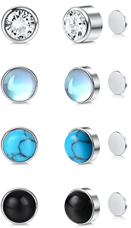 LOLIAS 4 Paar Magnetische Ohrstecker für Damen Herren Zirkon Mondstein Ohrringe Türkis Schwarz Ohrringe Runde Edelstein Magnet Nicht Piercing Ohrclips