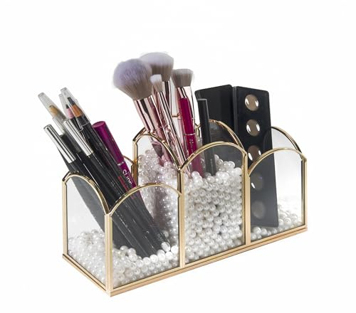 HARLIANGXY Make up Pinselhalter Glas, Vintage Make up Pinsel Organizer, Kosmetik Aufbewahrung Rosegold, Schminkpinsel Behälter, Kosmetikpinsel Halter für Schminktisch