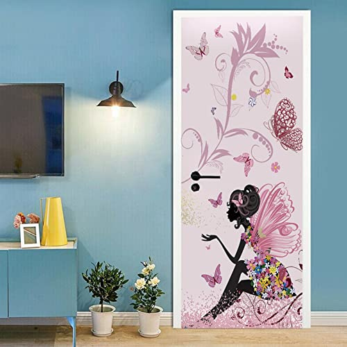 A.Monamour Türtapete Selbstklebend Türfolie Türposter 3D Blumen Fee Mit Schmetterlingen Vinyl Folie Türdeko Tapete Wandbild Türaufkleber Türtattoo 85 x 215 cm