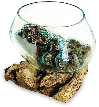 MAISONICA 20-24cm Glass Bowl - Molten Glass & Teak Wooden Root - Unique - Fruit Nuts Pot Pourri