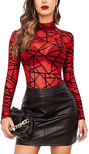 Avidlove Body da Donna a Maniche Sexy Lingerie Bodysuit Lunghe Collo a lupetto Pizzo Bodys Trasparente Stampa zebrata | collo alto, cavallo a scatto, elastico e traspirante, tinta unita e motivo in pizzo, per rave, feste, club, festival