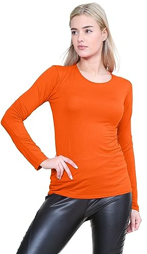 janisramone® Long Sleeve T Shirts Women, Plain Round Neck Breathable Basic Summer Tops for Women UK, Stretchy Slim Fitted Going Out Tops