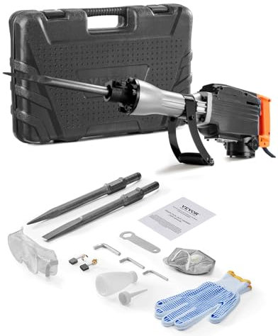 VEVOR - Demolition Hammer, 2200W Heavy Duty Electric Hammer, 1350BPM, 2 Pieces Chisels with Case, Black