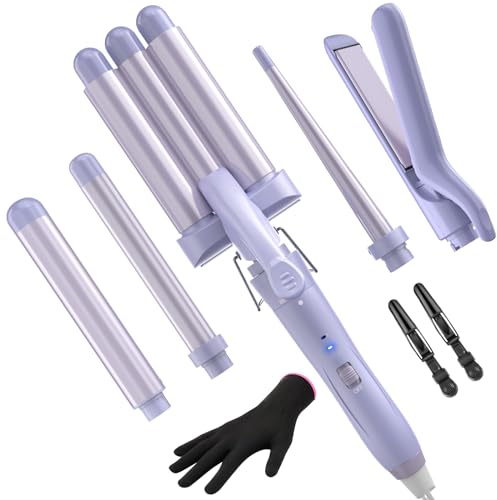 5 in 1 Wand Curling Iron-Curling Wand Set with Hair Straightener, 3 Barrels Hair Crimper Iron, 3 Ceramic Curling Irons (0.35 -1.25), 2 Temps Fast Heat Hair Curler Waver with Glove & Clip-Purple