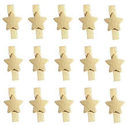 Wisafory 30 mollette in legno, piccole mollette in legno, mollette decorative in legno, per Natale, matrimoni, feste, stelle dorate