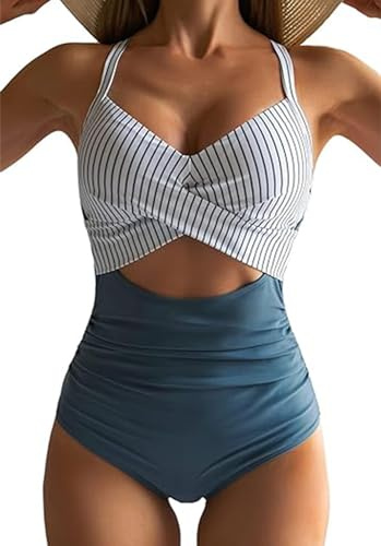 XDSP Costume da Bagno Intero Donna Sexy Scollo a V Costumi da Bagno Sling Regolabili Bikini Push Up Imbottito Reggiseno Curvy Vita Alta Costumi Un Pezzo Controllo Pancia Spiaggia Beachwear Swimwear