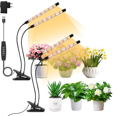 2Pack 2-huvud växtlampor, odlingslampor för krukväxter, fullspektrum odlingslampor med klämma, automatisk ON & OFF-timer 3/9/12H, 3 växlingslägen, 10-nivå dimbar ljusstyrka