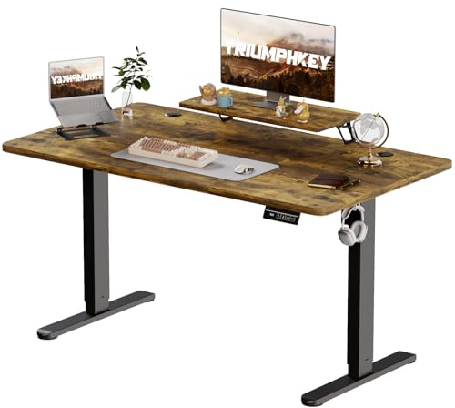 TRIUMPHKEY Höhenverstellbarer Schreibtisch mit Monitorständer 160 x 70cm | Schreibtisch Höhenverstellbar Elektrisch Steh-Sitz Tisch,Computer-Schreibtischs, Standing Desk,Vintage Braun