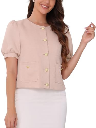 Allegra K Tweed Jacket for Women's Summer Puff Short Sleeve Round Neck Front Open Work Vintage Top Light Pink S