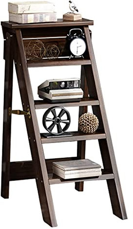 Holzleiter mit 5 Stufen, Klapphocker, multifunktional, Bücherregal, Pflanzenständer, tiefe Walnussfarbe, Haushaltskletterleiter für Küche, Büro, Bibliothek