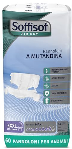 Soffisof Air Dry Pannoloni con Adesivi Maxi XXXL - 60x Pannoloni per Anziani a Mutandina Notte Super Assorbenti - 4 Confezioni da 15 Pezzi, Assorbenza fino a 9 Gocce - Ausili Incontinenza Uomo e Donna