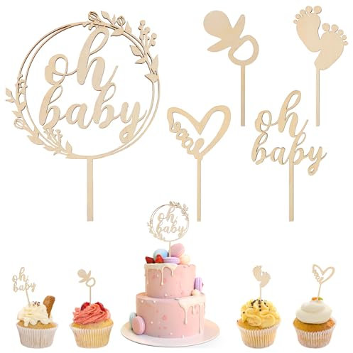 TNEDFOD 5 Piezas Topper Madera, Decoración de Tartas, Decoración de Baby hower, Revelación de Género para iñas, Niños, Tartas y Postres Cake Topper Decoracion