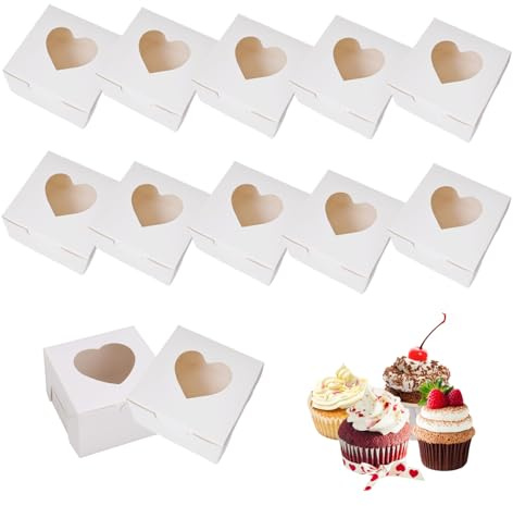 12 Pcs White Cupcake Boxes Individual Cupcake Containers Paper Cake Box with Love Windows for Desserts, Pastries, Cookies, Small Cakes, Candy, Pies & Gifts