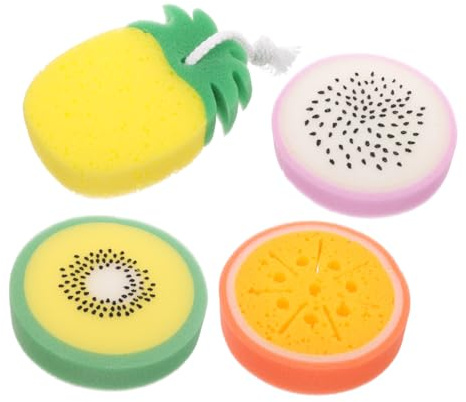 BESTYASH Esponja de Baño Exfoliante Forma de Fruta, 4 Piezas, Diseño Ergonómico, Fácil de Limpiar, para Ducha y Limpieza de Piel