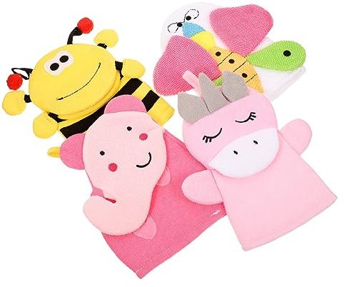 ERINGOGO 4 Stück-Pack Babywaschlappen aus Composite Baumwolle Peelinghandschuhe für Körper Gesicht Hals Cartoon Badegloves für Kinder